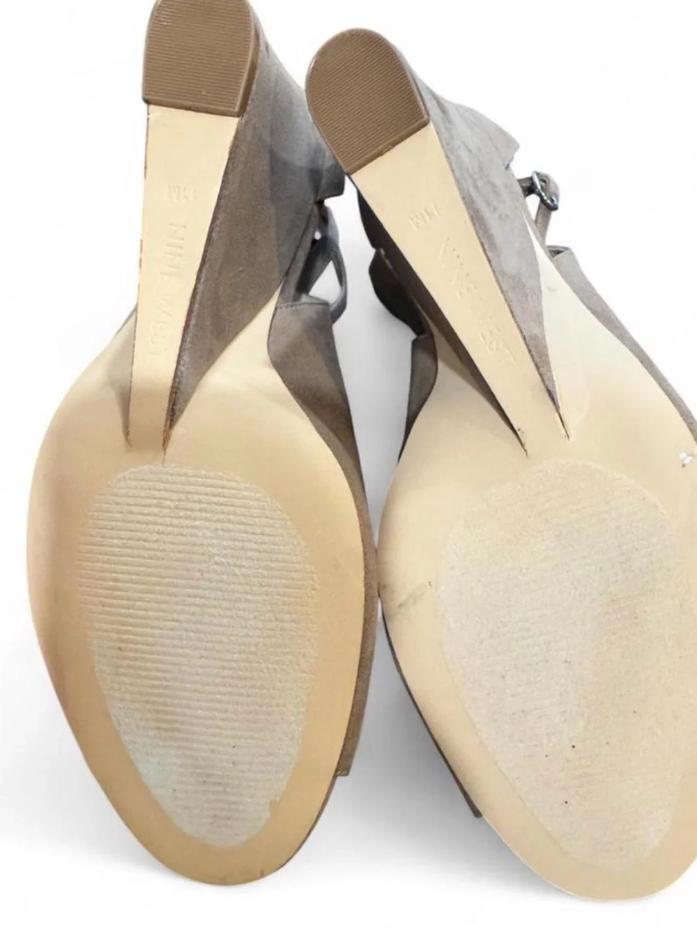 Nine West Suede Open-Toe Ankle Strap Wedges in Taupe